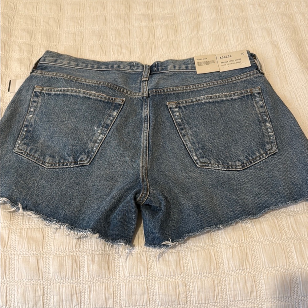 Agolde Blue Jean Shorts High-Waisted Frayed Hem - Picture 2 of 7